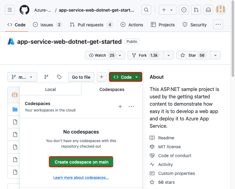 Screenshot che mostra come creare un codespace nel repository GitHub app-service-web-dotnet-get-started creato tramite fork.