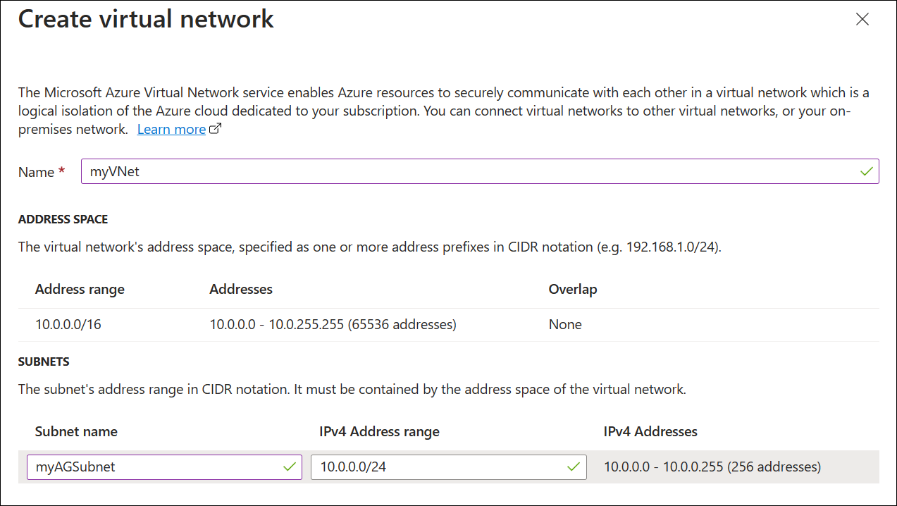 Screenshot della creazione di una nuova rete virtuale di gateway applicazione.