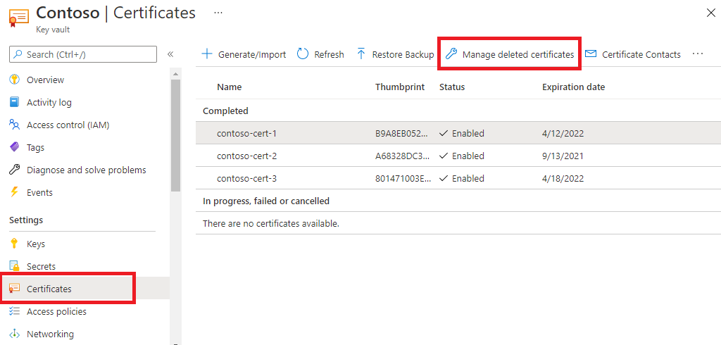 Screenshot che mostra come ripristinare un certificato eliminato in Key Vault.