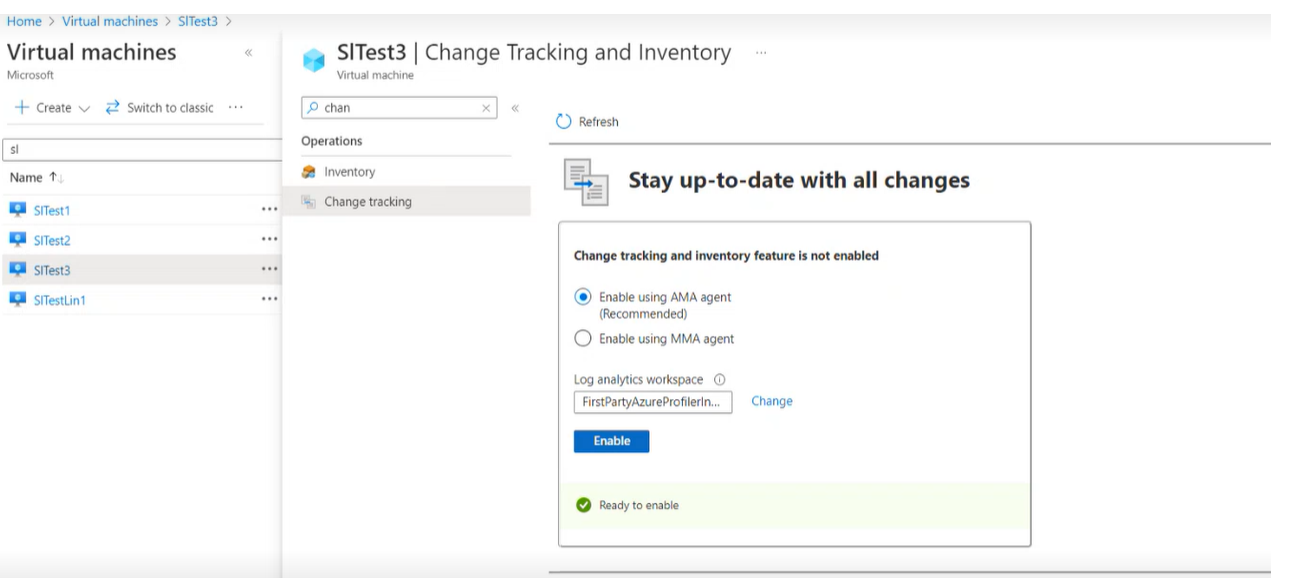 Screenshot che mostra per selezionare l'opzione Rilevamento modifiche per una singola macchina virtuale dal portale.