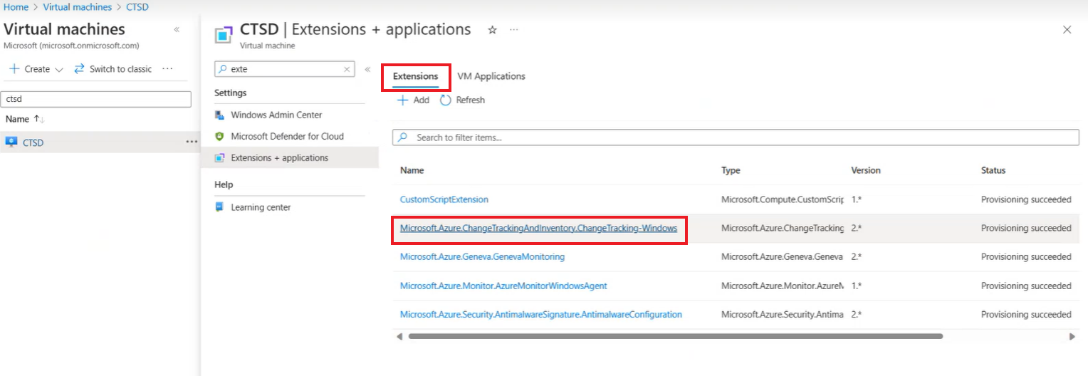 Screenshort della selezione dell'estensione per una macchina virtuale già disassociata dal Registro Azure Container.