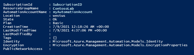 Output dal comando Set-AzAutomationAccount.