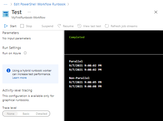 Output parallelo del runbook del flusso di lavoro PowerShell