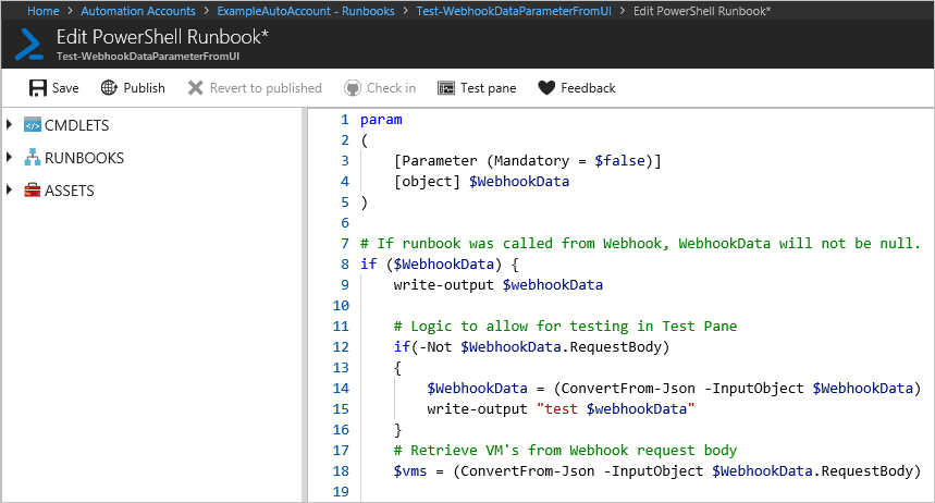 Parametro WebhookData dall'interfaccia utente