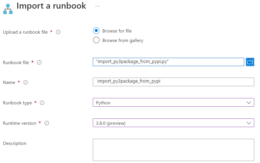 Screenshot che mostra la pagina di importazione del runbook Python 3.