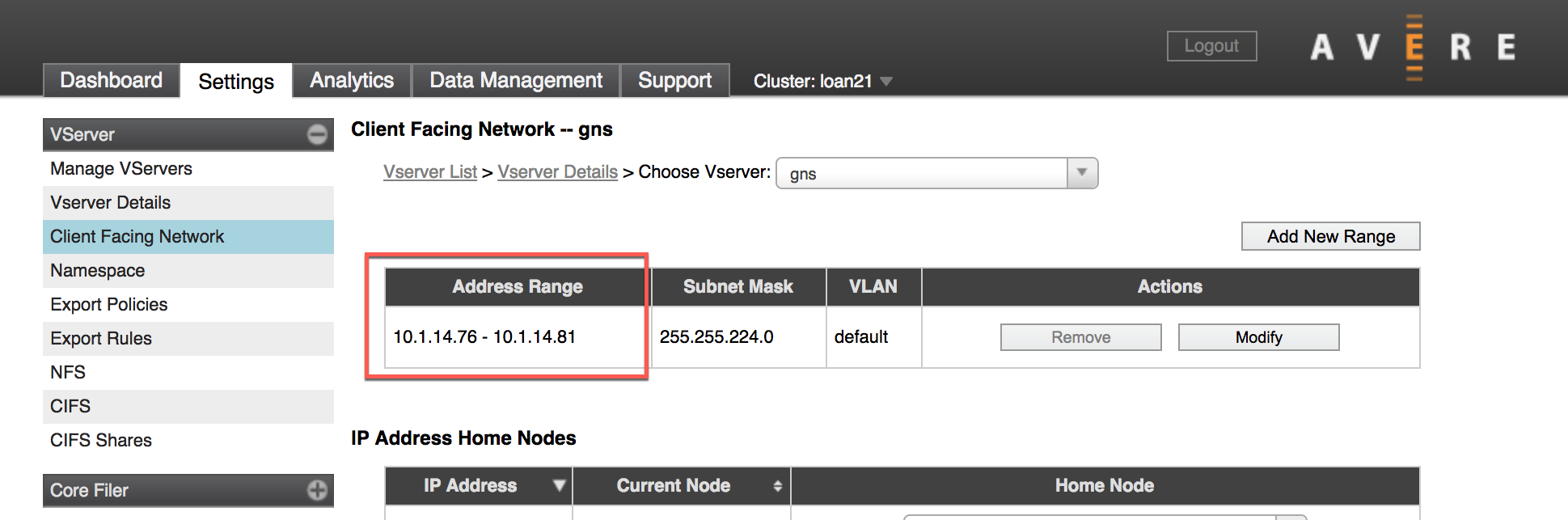 Pagina di > configurazione VServer > Client Facing Network con un cerchio intorno alla sezione Intervallo di indirizzi della tabella per un server virtuale specifico