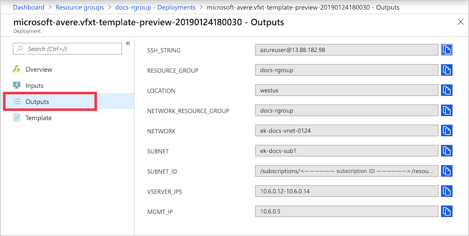 Pagina dell'output con i valori SSHSTRING, RESOURCE_GROUP, LOCATION, NETWORK_RESOURCE_GROUP, NETWORK, SUBNET, SUBNET_ID, VSERVER_IPs e MGMT_IP nei campi a destra delle etichette