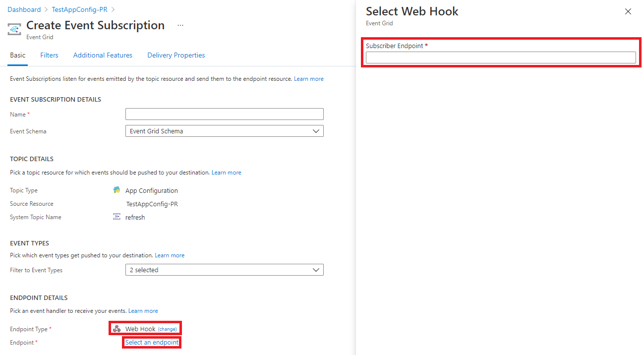 Selezionando Endpoint viene creato un nuovo pannello per immettere l'URI dell'endpoint.