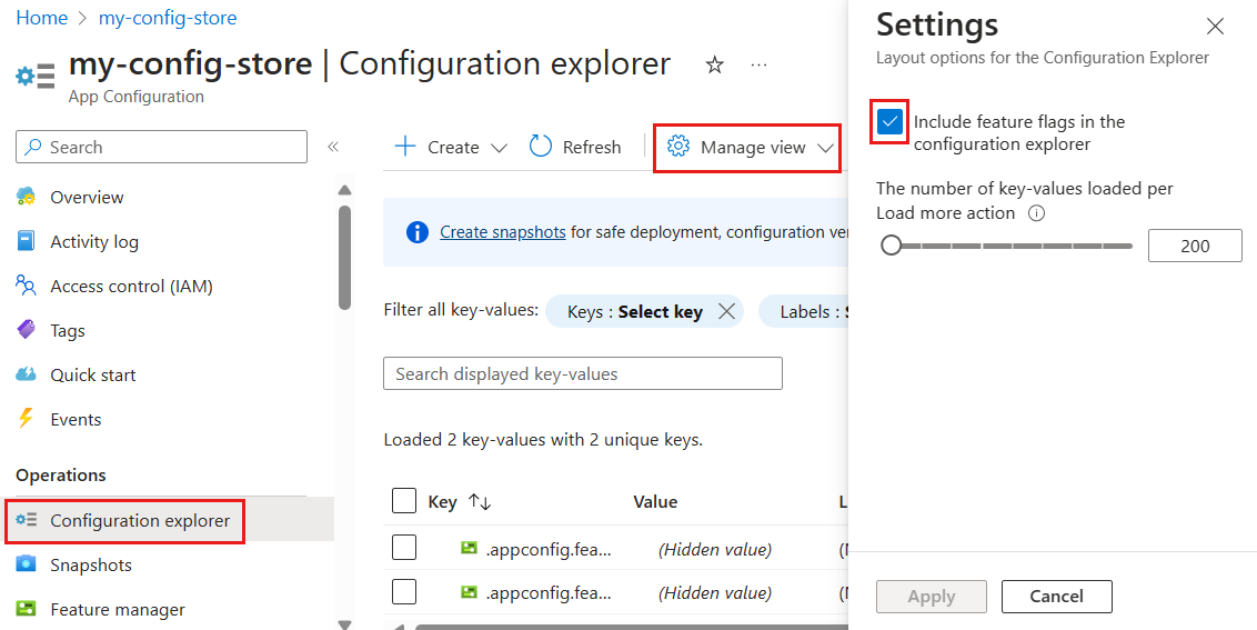 Screenshot della piattaforma Azure. Includere flag di funzionalità in Esplora configurazioni.