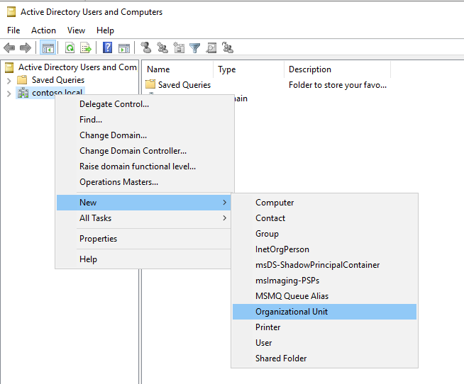 Screenshot del menu Utenti e computer di Active Directory.