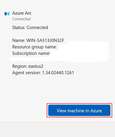 Screenshot della finestra relativa allo stato della connessione del computer che evidenzia il pulsante Visualizza computer in Azure.