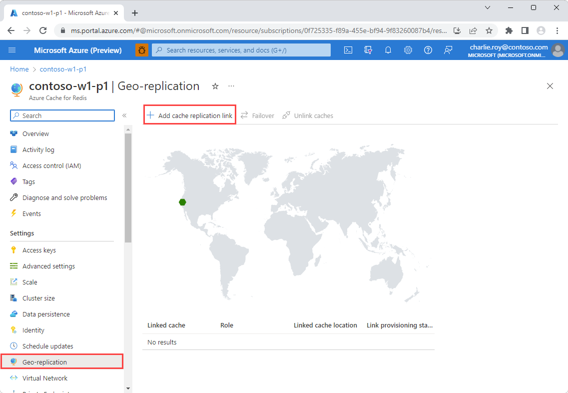 Screenshot che mostra il menu Replica geografica della cache.