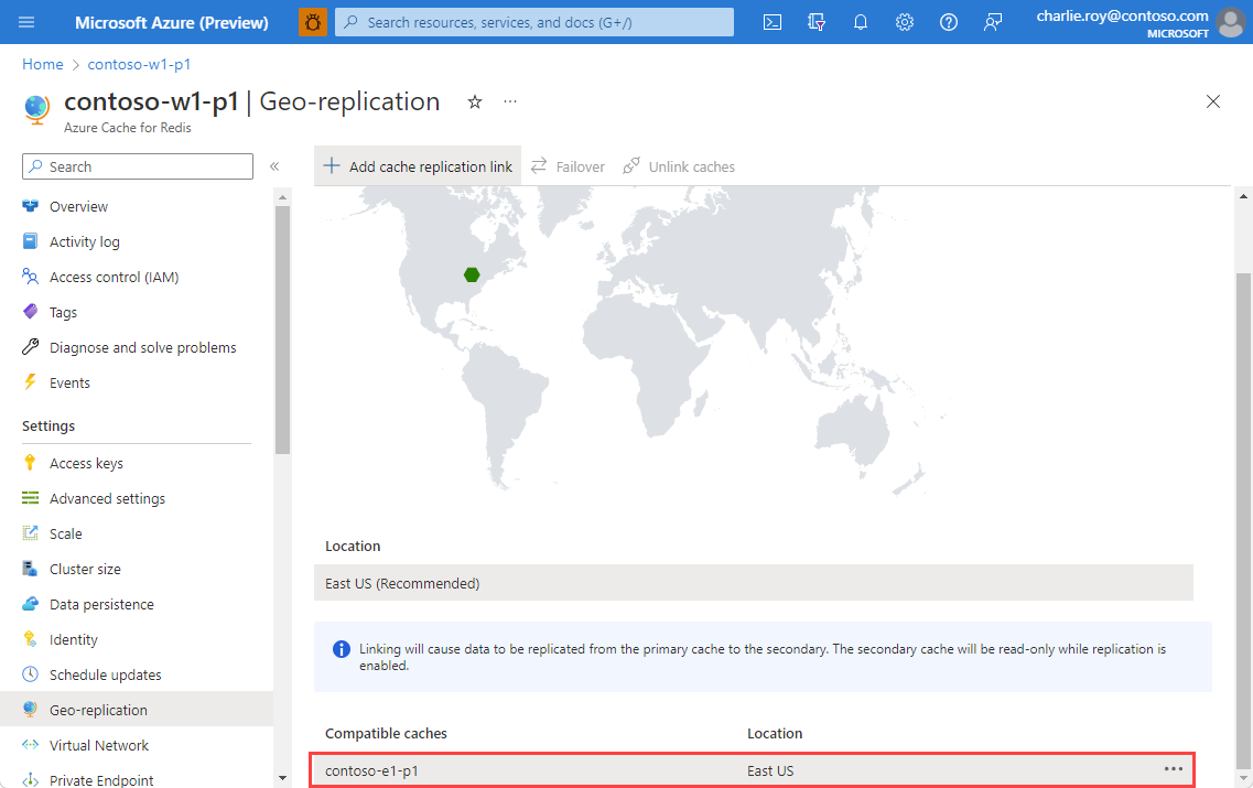 Screenshot che mostra le cache compatibili per il collegamento con la replica geografica.