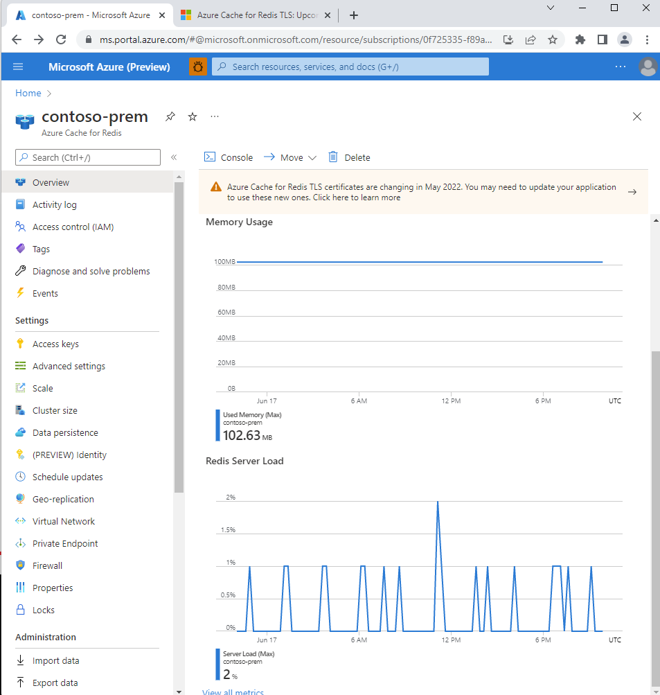 Schermata che mostra due grafici: Utilizzo memoria e Carico del server Redis.