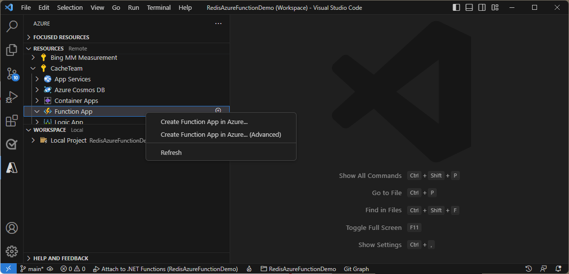 Screenshot delle selezioni per creare un'app per le funzioni in VS Code.