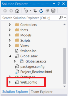 Screenshot che mostra il file web.config in Esplora soluzioni di Visual Studio.