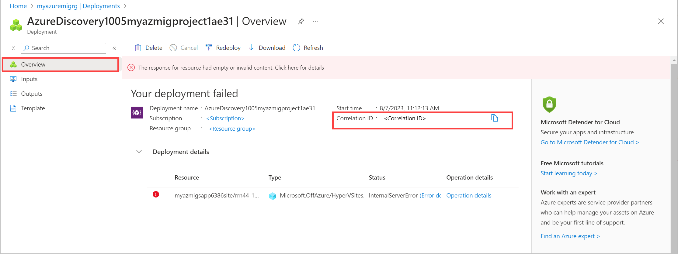 Screenshot del gruppo > di risorse del progetto Azure Migrate Deployments > Panoramica della distribuzione > in portale di Azure.