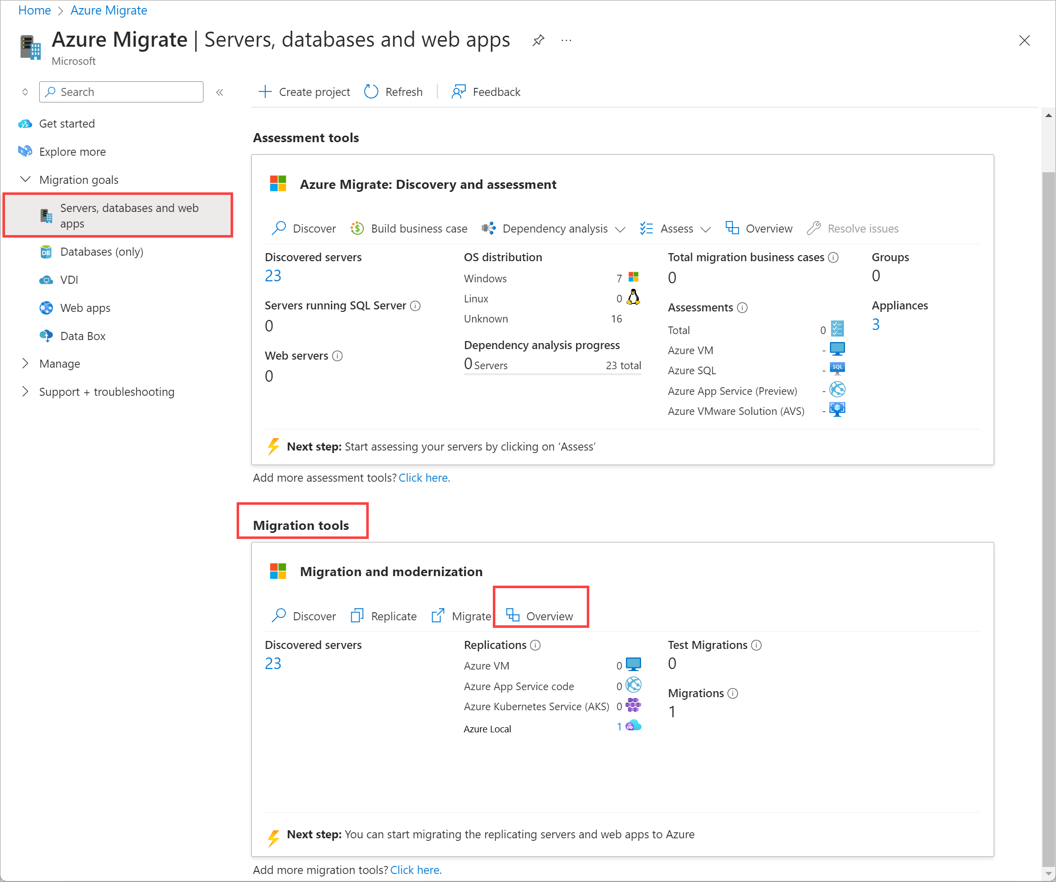 Screenshot della panoramica degli strumenti > di migrazione del progetto > di Azure Migrate in portale di Azure.