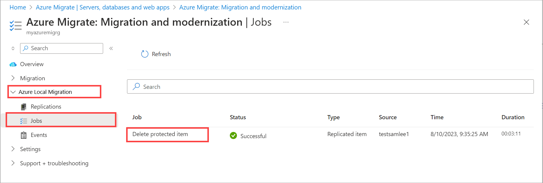 Screenshot degli strumenti > di migrazione del progetto > di Azure Migrate Panoramica dei > processi > di migrazione > locale di Azure Processo in portale di Azure.