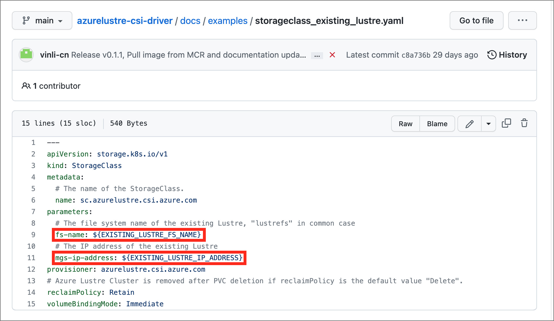 Screenshot del file storageclass_existing_lustre.yaml con i valori da sostituire evidenziati.