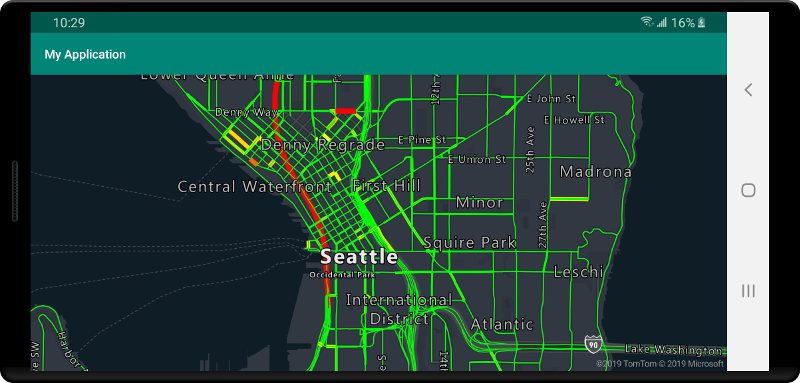 Mappa con linee stradali di colori diversi che indicano i livelli di flusso del traffico