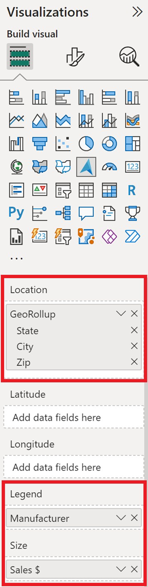 Screenshot che mostra i campi necessari per il livello grafico a torta Power BI.