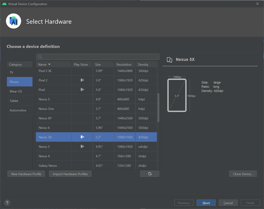 Screenshot che mostra la schermata Seleziona hardware in Android Virtual Gestione dispositivi durante la creazione di un nuovo dispositivo virtuale.