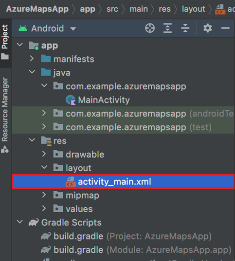 Screenshot che mostra il file activity_main.xml nel riquadro Strumento di spostamento del progetto in Android Studio.