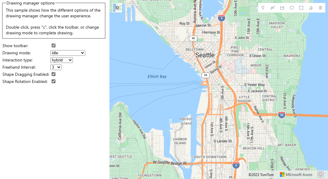 Screenshot di una mappa di Seattle con un pannello a sinistra che mostra le opzioni di gestione disegno che è possibile selezionare per visualizzare gli effetti che apportano alla mappa.