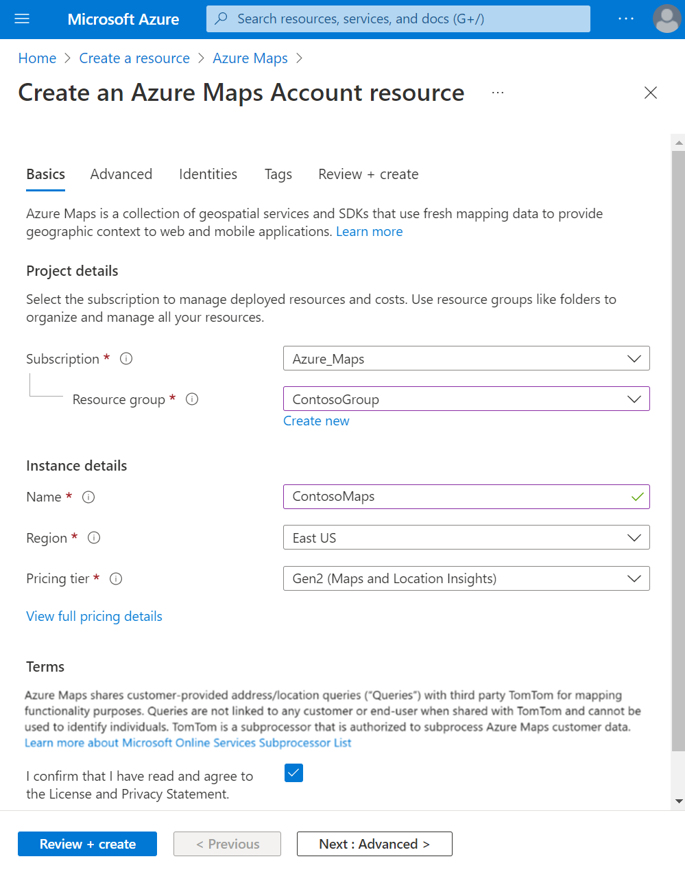 Screenshot che mostra il riquadro Crea account mappe nel portale di Azure.