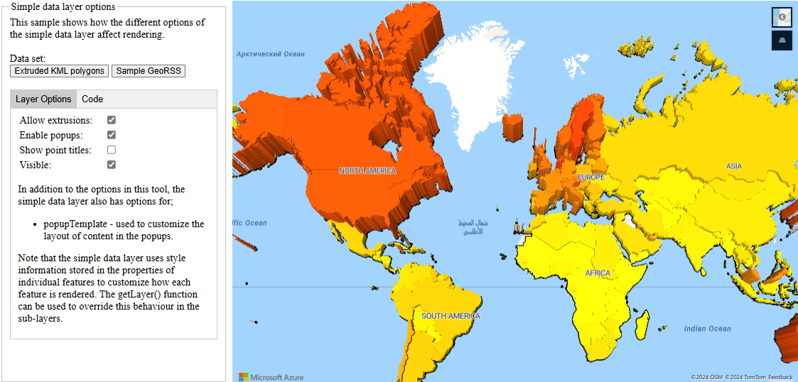 Screenshot della mappa con un pannello a sinistra che mostra le diverse opzioni del livello dati semplice.