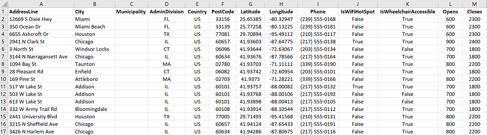 Screenshot dei dati del localizzatore di punti vendita in una cartella di lavoro di Excel.