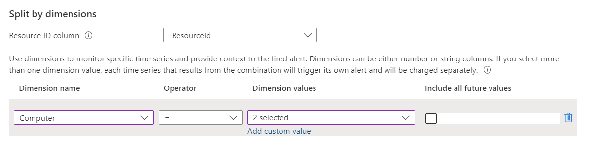 Screenshot che mostra la sezione per la suddivisione in base alle dimensioni di una nuova regola di avviso di ricerca log.