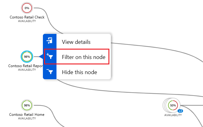 Screenshot che mostra come filtrare il nodo selezionato nella Mappa delle applicazioni.