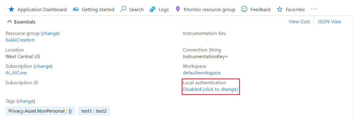 Screenshot che mostra la scheda Panoramica con il pulsante di autenticazione locale Disabilitato (selezionare per modificare).