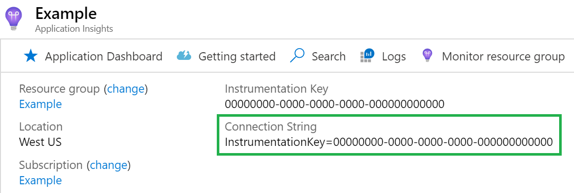 Screenshot che mostra la stringa di connessione di Application Insights.