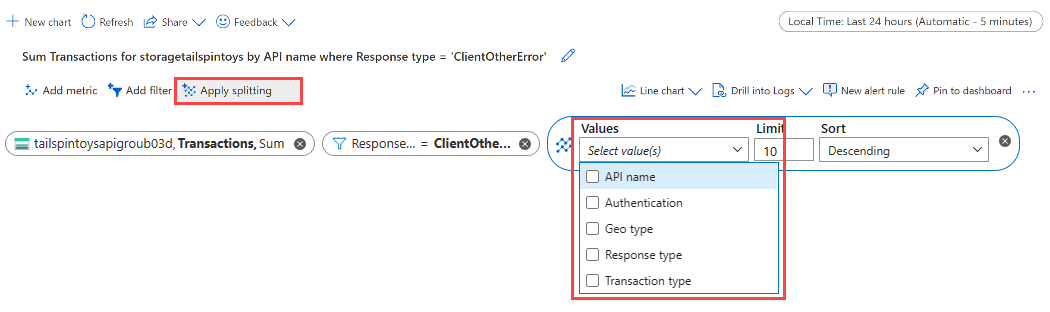 Screenshot che mostra la dimensione selezionata in cui segmentare il grafico per la suddivisione.