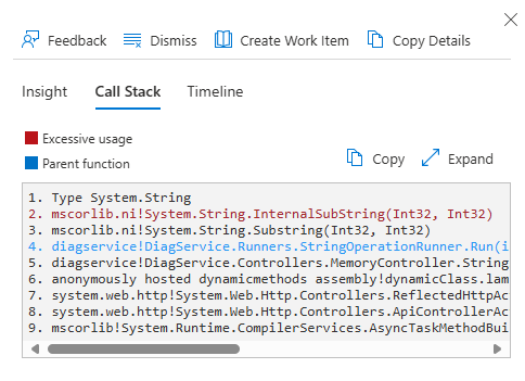 Screenshot dell'intestazione dello stack di chiamate nel riquadro dei dettagli per il risultato C-P-U specifico riportato in precedenza.