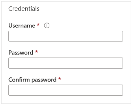 Screenshot che mostra i campi delle credenziali di Active Directory che mostrano i campi nome utente, password e conferma password.