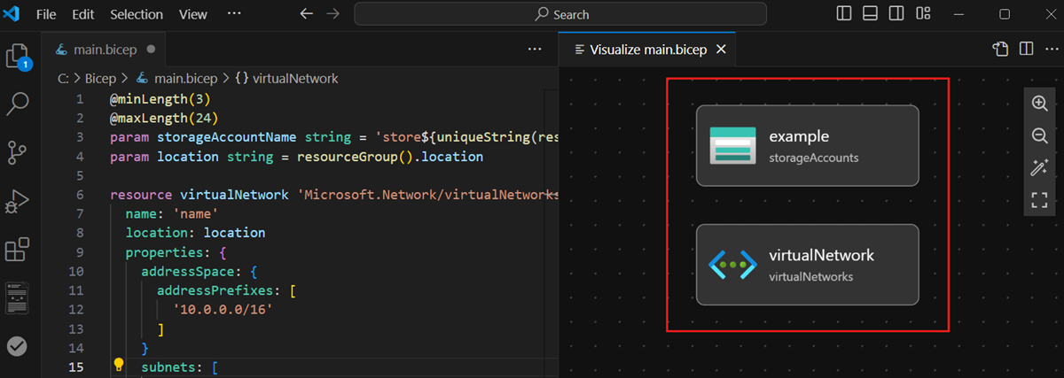 Screenshot del diagramma del visualizzatore Bicep.