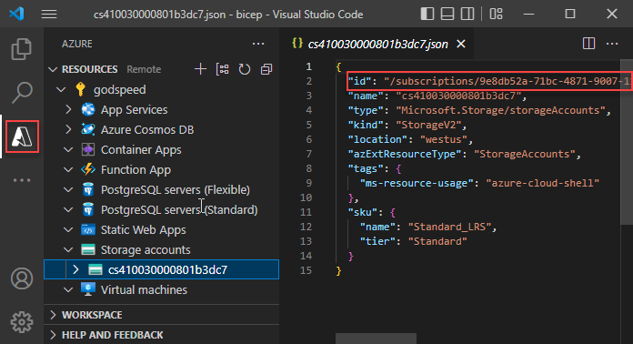 Screenshot dell'estensione Risorse di Azure per Visual Studio Code.