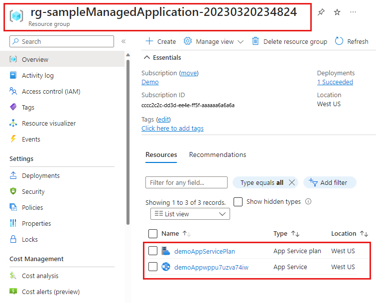 Screenshot che mostra il gruppo di risorse gestite che contiene le risorse distribuite dalla definizione dell'applicazione gestita.