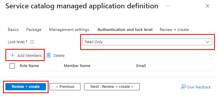 Screenshot di Autenticazione e livello di blocco per la definizione dell'applicazione gestita.