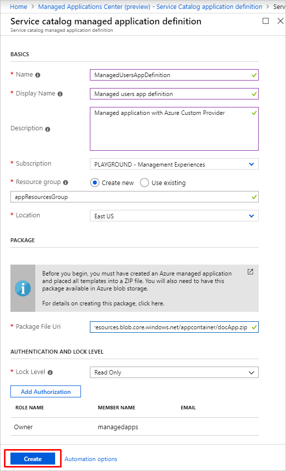 Creare la definizione di un'applicazione gestita