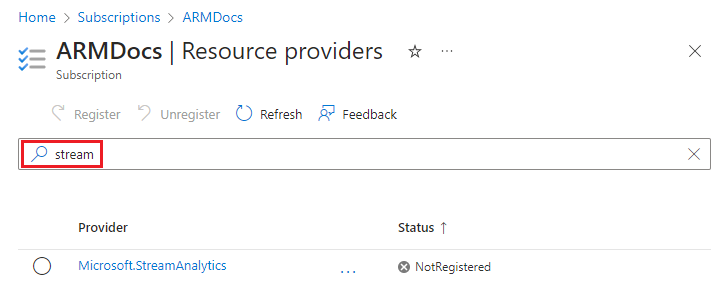 Screenshot dei risultati della ricerca dei provider di risorse nel portale di Azure.