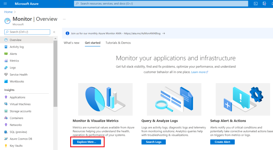 Screenshot del passaggio alla pagina Monitoraggio del portale di Azure con Esplora metriche evidenziate.