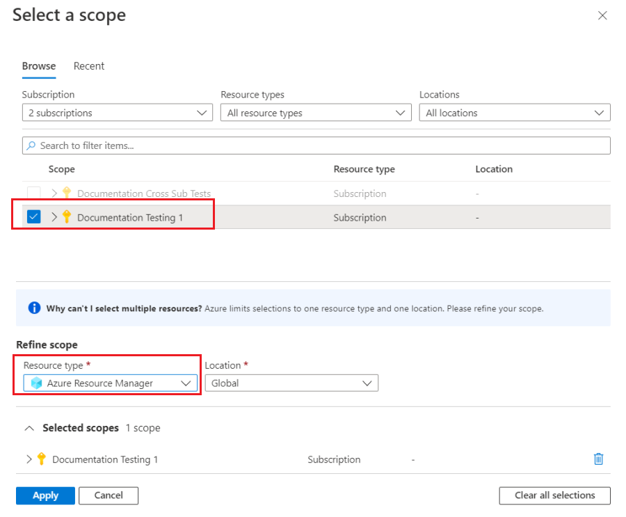 Screenshot della selezione di una singola sottoscrizione e della metrica di Azure Resource Manager nel portale di Azure.