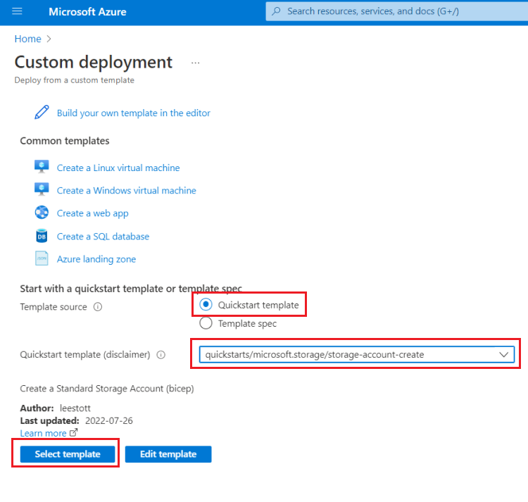 Screenshot of selecting a Quickstart Template in Azure portal.