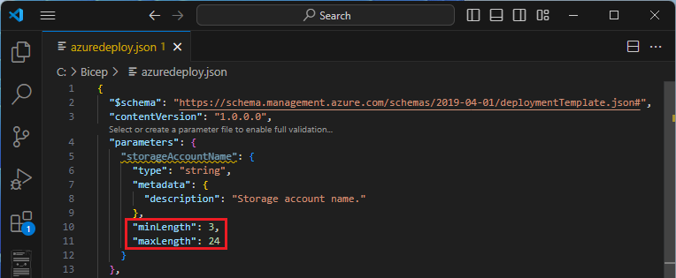 Screenshot che mostra l'aggiunta di minLength e maxLength a un parametro del modello di Resource Manager.