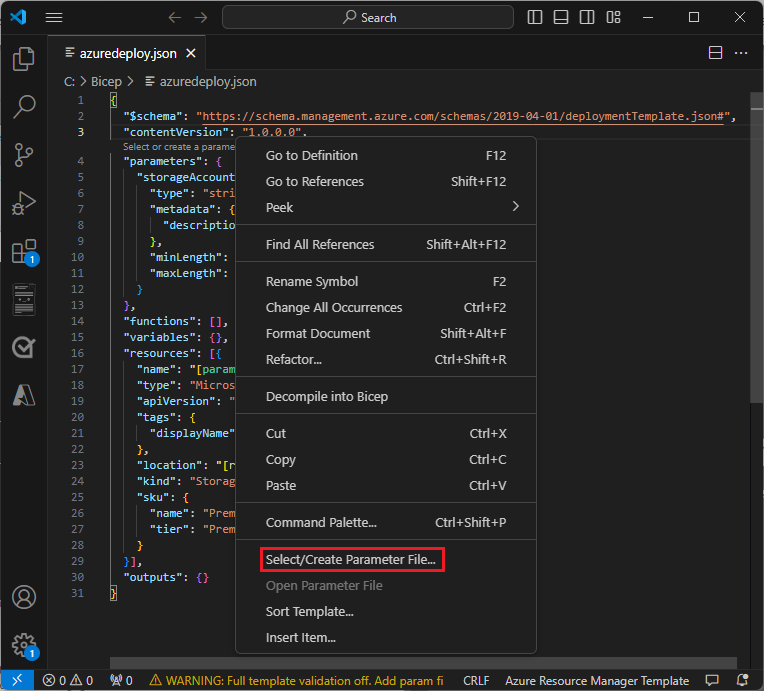 Screenshot che mostra il processo di clic con il pulsante destro del mouse per creare un file di parametri da un modello di Resource Manager.